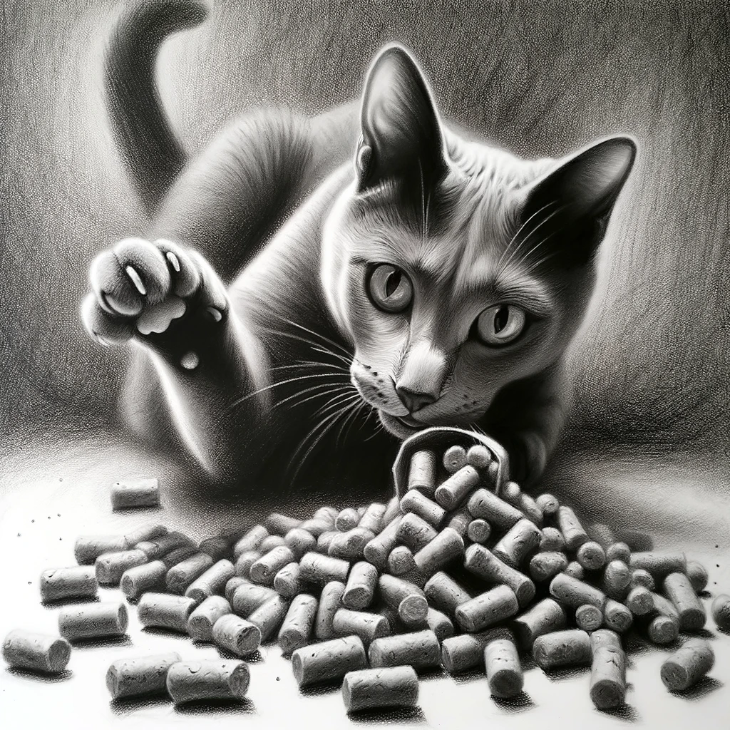 cat with recycled paper pellets cat litter